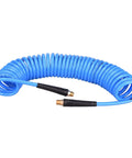 Heavy Duty Polyurethane Coiled Air Compressor Hose 25 Foot Kink Free Flex Rig with brass swivel ends for garage use.