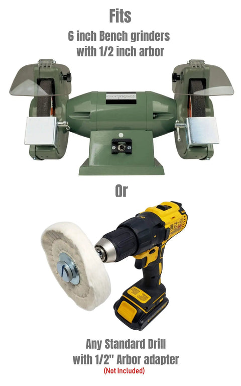 Grind Ready Buffing Wheels For Bench Grinders Set Of Two Six Inch Pads Half Inch Center Hole Yellow Firm And White Soft For Metal Polish Deburring And Blade Prep On Your Daily Shop Rig compatible with 6 inch bench grinders and standard drills.