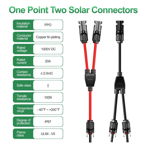 Two Pairs Solar Y Branch Parallel Connector Cable Kit For Solar Panels 1 To 2 With Male To Female And Female To Male Contacts