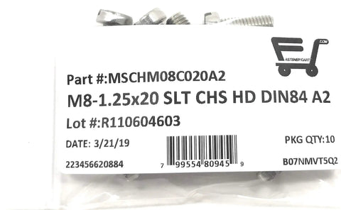 Top Shelf M8 X 20 Millimeter Stainless Steel Slotted Cheese Head Machine Screws Din 84 A2 70 Grade pack of ten in bag.