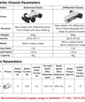 Specifications table featuring 4WD Robotic Car Chassis Kit With Aluminum Alloy Frame Hall Encoder Ackerman And Differential Drive RC Tank Style System ROS Programmable STM32 Smart Bot For DIY Projects.