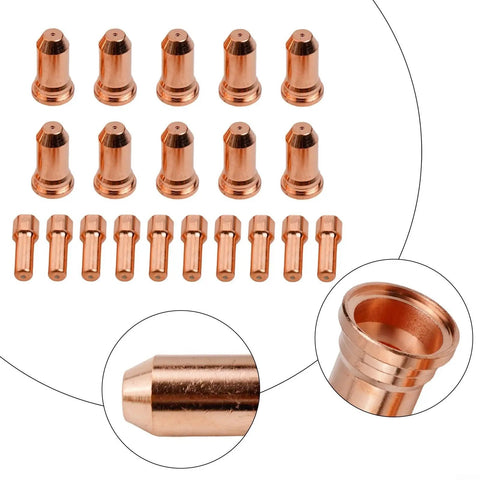 Plasma Cutter Consumables Kit With 1.2mm Electrodes And Nozzle Tips For Plasma Torch Welding Equipment Includes 10 Electrodes And 10 Tips Pro Grade For Heavy Duty Metal Cutting Compatible With 52556 And 51246, close-up of copper tips and electrodes