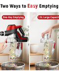 Heavy Duty Cordless Stick Vacuum With 45Kpa Beast Mode Suction And Smart Display, 1.5L Dust Bin, 40 Min Runtime, Lightweight Rechargeable Handheld For Pet Hair Carpet Hardwood Floors Cars Crimson demonstrating easy one-key and large capacity emptying features.