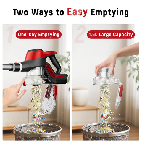 Heavy Duty Cordless Stick Vacuum With 45Kpa Beast Mode Suction And Smart Display, 1.5L Dust Bin, 40 Min Runtime, Lightweight Rechargeable Handheld For Pet Hair Carpet Hardwood Floors Cars Crimson demonstrating easy one-key and large capacity emptying features.