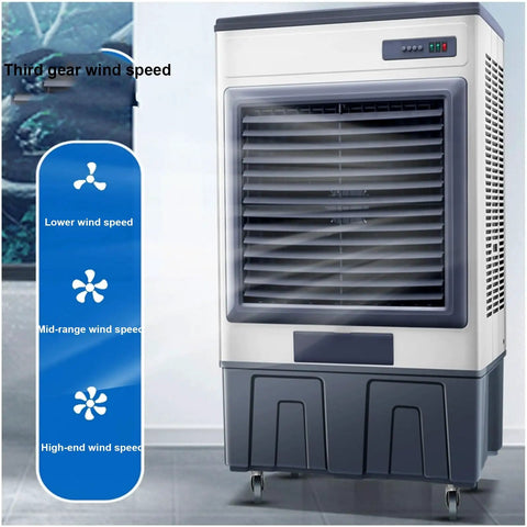 Heavy Duty Portable Evaporative Air Cooler With Three Speed Settings And Built In Water Tank For Garage Or Workshop showing control panel and airflow settings.