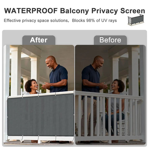Dark Grey 3x6 Feet Waterproof Balcony Privacy Screen installed on patio railing, comparison of before and after installation.