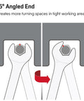 Diagram of Pro Grade Extra Long Metric Wrench Set, 16 Piece Chrome Vanadium showing 15-degree angled end for tight spaces.