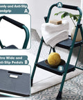 Five Foot Folding Step Ladder with Wide Anti Slip Pedals, Heavy Duty Steel Build, Ergonomic Handgrip in home setting, Green