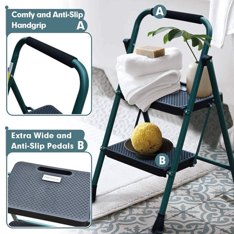 Five Foot Folding Step Ladder with Wide Anti Slip Pedals, Heavy Duty Steel Build, Ergonomic Handgrip in home setting, Green