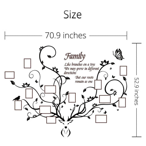 Antler Themed Family Tree Wall Art For Living Room With 3D Removable Picture Frame Collage, DIY Acrylic Stickers Featuring A Deer Head And The Family Like Branches On A Tree Quote For Cozy Home Decor, 70.9 x 52.9 inches size