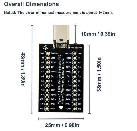 USB Type C Breakout Board With 24 Pin Male And Female Plugs Gold Plated PCB dimensions illustration