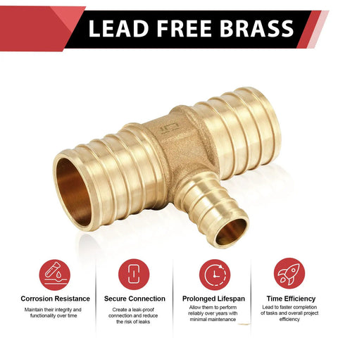 Five Pack Lead Free Brass PEX Crimp Tee Fittings 1 Inch By 1 Inch By 1 Inch For PEX Tubing with corrosion resistance features