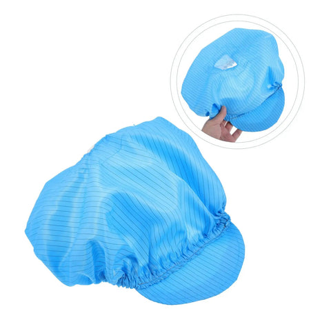 Five Pack Blue Anti Static Cleanroom Working Hat Built With Breathable Mesh And Heavy Duty Polyester For Electronics Factories Food Prep Zones And Paint Studios Offering Sick Airflow And Chill Fit All Day Long, showing a soft blue hat with elastic band.