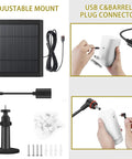 Durable Solar Panel For Security Cameras Keeps Spotlight Cam Plus Pro Battery And Stick Up Cam Pro Wireless Outdoor Juiced By Sun With 10ft Cable Dustproof Waterproof Easy Install Weather Resistant Black Finish shown with mount and connectors