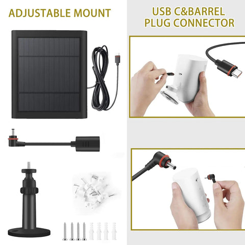 Durable Solar Panel For Security Cameras Keeps Spotlight Cam Plus Pro Battery And Stick Up Cam Pro Wireless Outdoor Juiced By Sun With 10ft Cable Dustproof Waterproof Easy Install Weather Resistant Black Finish shown with mount and connectors