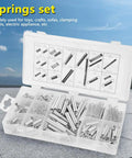 Premium Carbon Steel Extension Spring Kit With 200 Pieces In 20 Sizes Perfect For Any DIY Project Or Heavy Duty Repair Job And Comes In A Handy Storage Box. Open storage box with mixed carbon steel extension springs for toys, tools, and appliances