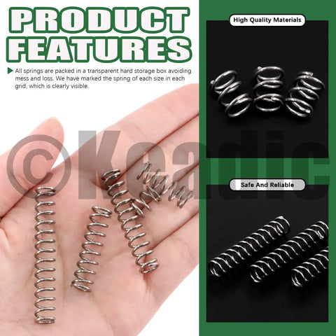Mini Stainless Steel Compression Springs Kit 100Pcs 5 Size Assortment held in hand showcasing spring variety.