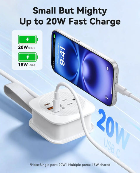 Road Trip Ready Compact Portable Power Strip featuring sleek design with a smartphone and charging cables, highlighting 20W PD fast charging.