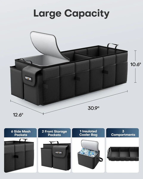 Trunk Organizer With Built In Cooler Bag For Cars And SUVs, Heavy Duty Foldable Storage With Three Large Compartments And Eight Pockets, Black