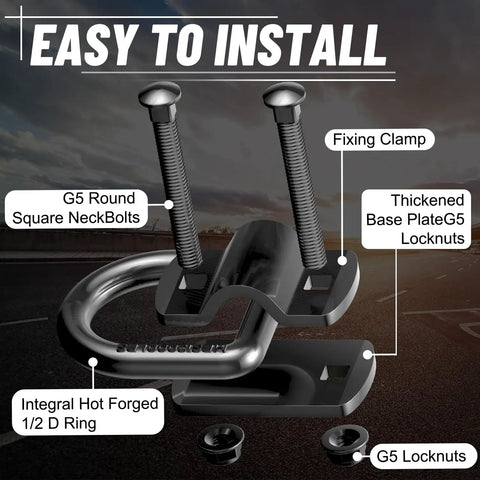 Heavy Duty 1 2 Inch D Ring Tie Down Anchors 4 Pack Black Forged Steel product with G5 Locknuts and bolts for secure installation.