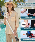 Woman holding Cordless Stick Water Transfer Pump With 6.5 Ft Extended Hose, Dual 4000mAh 21V Batteries at a poolside.