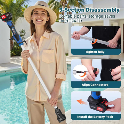 Woman holding Cordless Stick Water Transfer Pump With 6.5 Ft Extended Hose, Dual 4000mAh 21V Batteries at a poolside.