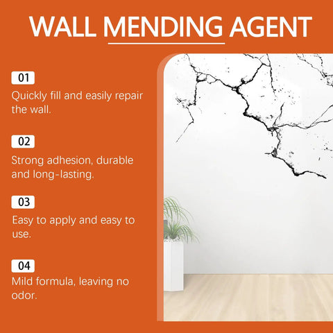 Wall with cracks and text detailing features of a wall mending agent for quick repair, strong adhesion, easy use, and no odor.