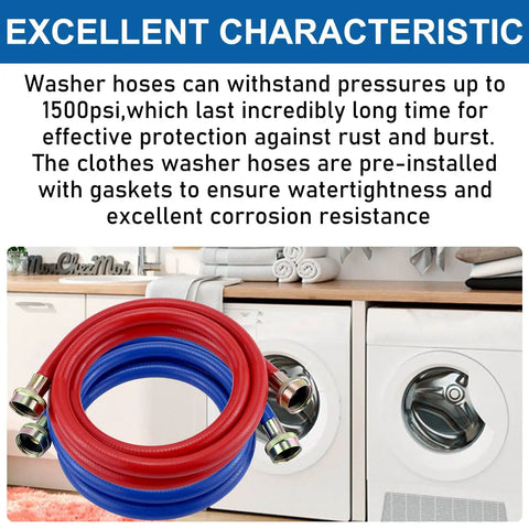 Heavy Duty 4Ft Washer Hoses Dual Color Burst Proof Water Supply Lines 3 Quarter Inch Fittings For Hot And Cold Laundry Washers 2 Pack with red and blue hoses
