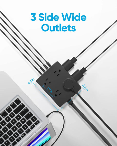 12 In 1 Flat Plug Power Strip With 8 Outlets, 3 USB A Ports And 1 USB C Port, 5Ft Ultra Thin Flat Extension Cord, laptop connected