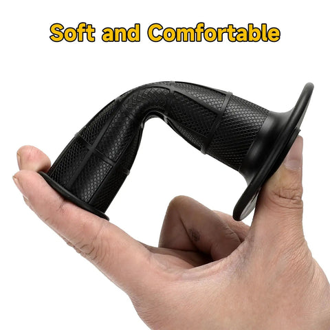 Close-up of black Seven Eighth Inch Mini Bike Throttle Handlebar Grips 22 Millimeter, flexible and soft, held in hand.