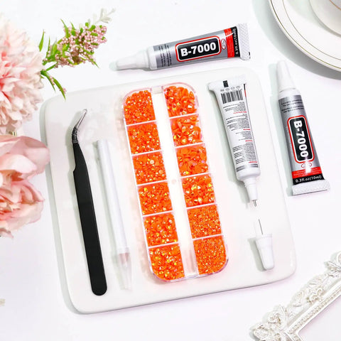Clear Glue Kit With 4000 Orange AB Rhinestones For Crafts Clothing Fabric And Shoes B7000 Glue Flatback Gems For Nails Face Jewelry And DIY Embellishments Mixed Sizes 2mm 3mm 4mm 5mm 6mm displayed with tweezers and wax pencil