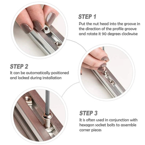Installation steps for 180 Pc Rock Solid Hammer Head T Slot Nuts Fasteners for Aluminum Extrusion and Cabinet Framing.