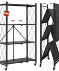 Four Tier Foldable Storage Shelves On Wheels With No Assembly, Pre Assembled Organizer Rack For Garage, Kitchen, Basement And Pantry, Ideal For Craft Fairs And Vendor Events, Black, foldable metal rack on wheels