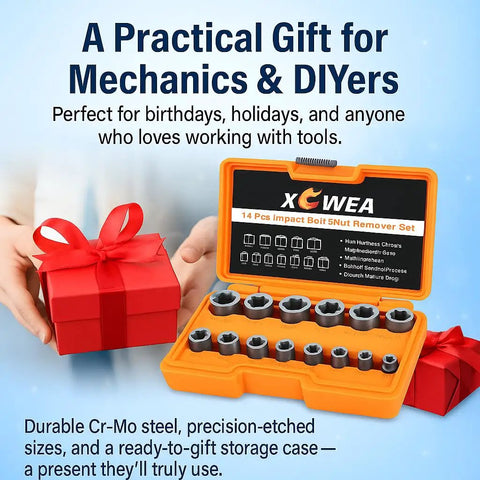 Professional 14 Piece Bolt Extractor Set For Removing Damaged And Rounded Off Bolts And Nuts With Three Eighths Inch Drive, Impact Grade Chrome Molybdenum Steel, Case Included, Beefy Heavy Duty Auto Shop Tools Fathers Day Gift visible in case