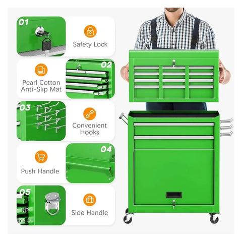 Rolling Tool Chest With 8 Drawers And 2-In-1 Detachable Tool Chests Workhorse Portable Heavy-Duty Steel Cabinet With Lockable Wheels And Smooth Sliding Drawers Ideal For Garage Shop Or Warehouse Organization And Easy Transport, green steel drawers