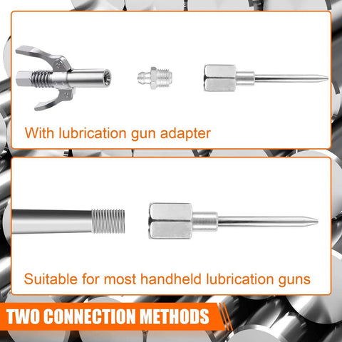 7 Piece Grease Gun Accessory Kit With 2 Grease Nozzles, 1 Needle Tip Dispenser, adapter and connection methods displayed