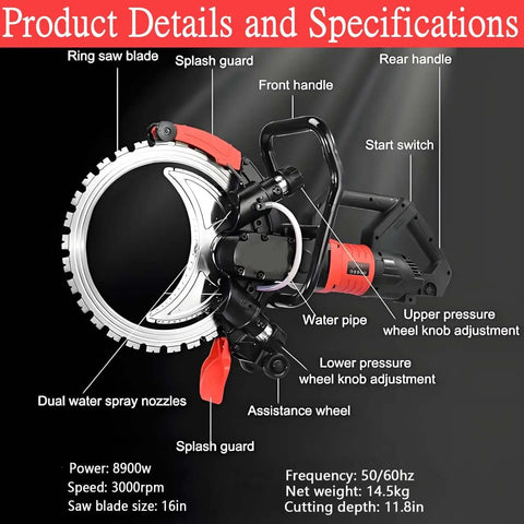 Heavy Duty Electric Concrete Circular Saw Featuring A Massive 8900 Watt Copper Motor And 3000 RPM Diamond Ring Blade For Snapping Through Thick Walls Smooth As Butter, showing detailed components and specifications.