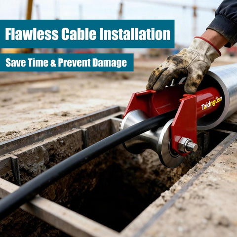 Worker using 3 Inch Conduit Cable Feeding Sheave For Heavy Duty Stainless Steel Pulley With A High Carbon Steel Frame Pro Grade Build