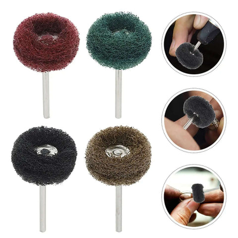 24 Piece Pro Grade Nylon Fiber Buffing Wheel Set With 3mm Shank Drill Polishing Discs For Metal Polishing Jewelry Buffing And Drill Attachment Polisher Pads Kit For Industrial Use, showing assorted buffing wheels and usage examples.