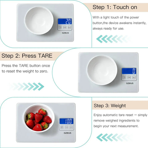 Digital Kitchen Scale With USB Rechargeable Power, Six Measurement Units, ultra high precision steps tutorial with bowl