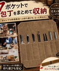 Durable Canvas Knife Roll Case For Outdoor Use And Camping, Waterproof 7 Pocket Knife Organizer With Whetstone And Utensil Storage, Compact Carry Roll, Green Gear showcasing knives and tools in pockets.