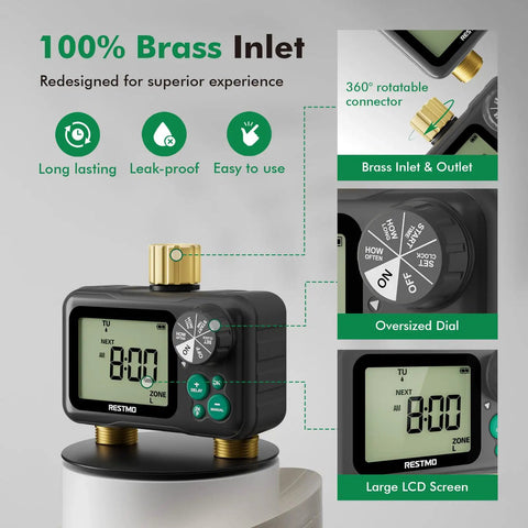 Remote Control Brass Sprinkler Timer For Outdoor Hose Faucet Two Zone System with large LCD screen and oversized dial.