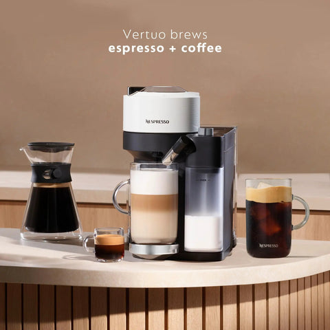 Vertuo Lattissima One Touch Coffee And Espresso Maker Matte White Finish with cups of coffee and espresso on counter