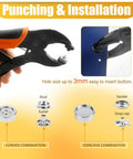 Showing punching and installation with 60-Set Snap Fastener Tool Kit With Heavy Duty Pliers For Leather Canvas Boat Covers And Diy Projects Includes 15mm Metal Snap Buttons Punch Die Set Sockets Studs Eyelets And Handy Storage Bag.