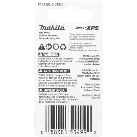 Back packaging of Impact XPS Mag Boost Magnetic Bit Holder For Power Bits With Up To 10x Magnetic Strength, showcasing warnings.
