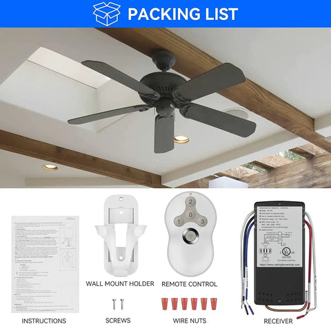 Ceiling Fan Remote Control Kit Universal 3-Speed Fan And Dimmer Light with packaging including remote, receiver, and screws