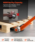 Workhorse Pry Lever Bar With Three Ton Load Capacity on wooden pallet showing steel handle and 2.8 inch wheels for heavy machinery