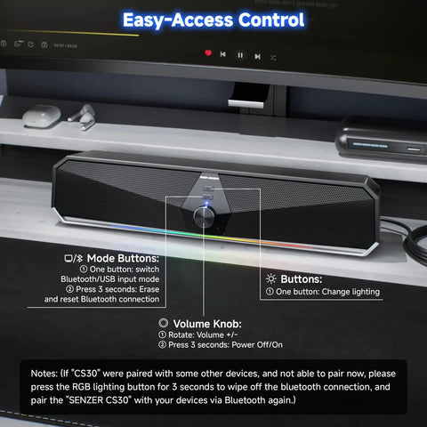 CS30 Bluetooth Desktop Speakers With USB Plug And Play for PC, LED Light Soundbar on desk with control labels visible