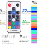 Remote control for RGB Under Cabinet Lights Kit With Wireless RF Remote And Dimmable LED Puck Lights, showing color options and modes.