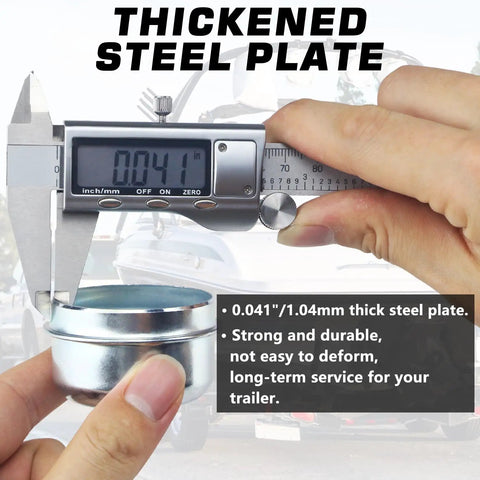 Measurement of 4 Pack 1.98 Inch Trailer Axle Dust Caps thickness showing 0.041 inches, illustrating durability and fit for 2000-3500 lb trailers.